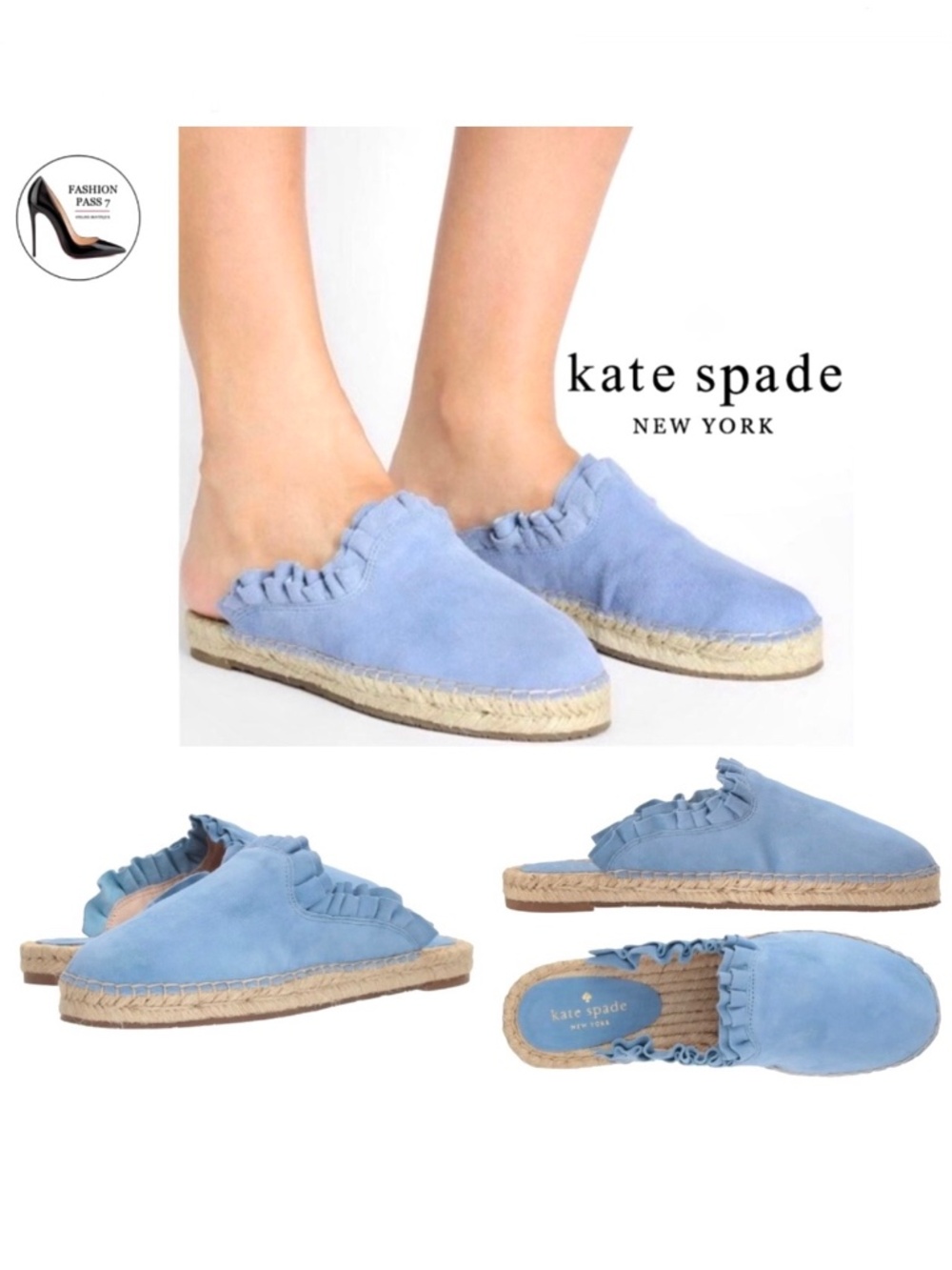 KATE SPADE Laila Blue Suede Ruffle Espadrille Mule Designer Slip‑On Flat Shoes 9